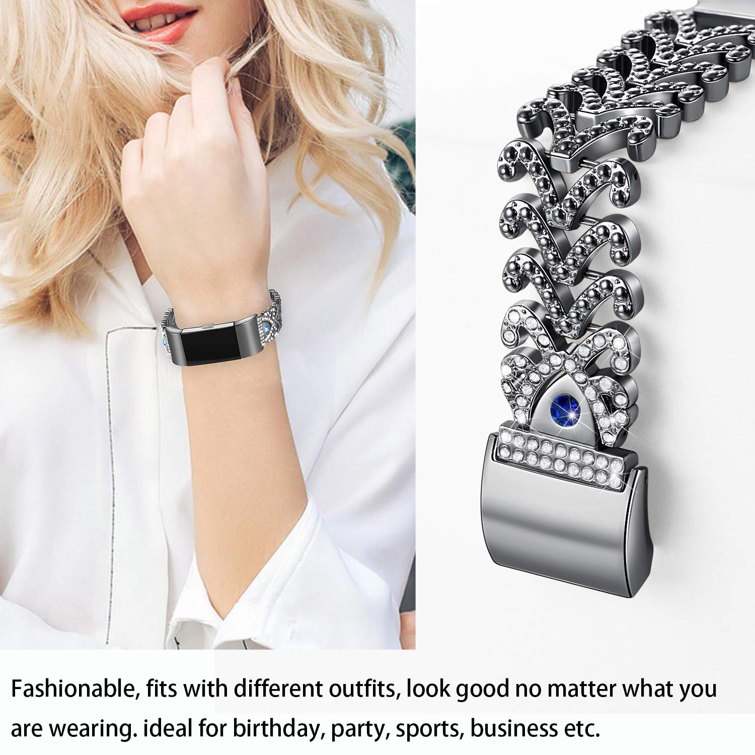 Kaleidoc Bands Compatible Fitbit Charge 2 - Metal Replacement Wristband with Premium Rhinestone Crystals, Adjustable Classy Bracelet Strap Compatible Fitbit Charge 2 Bands