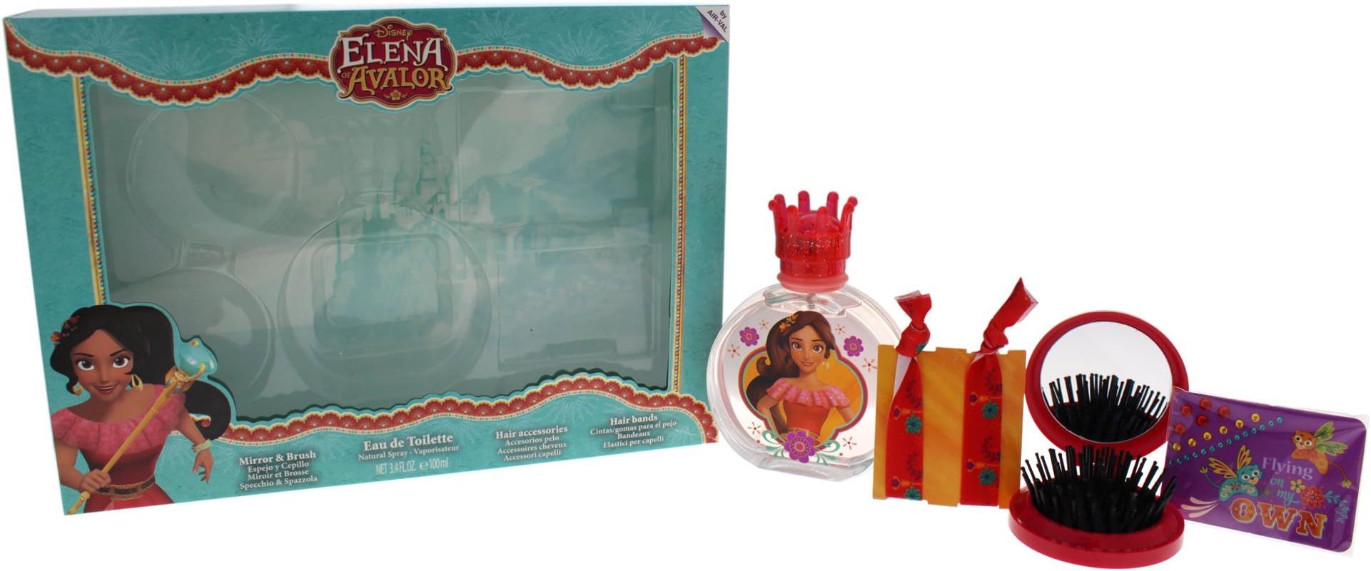 Elena Of Avalor by Disney for Kids - 4 Pc Gift Set 3.4oz EDT Spray, Mirror & Brush, Hair Accessories, Hair Bands