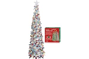HMASYO 5 FT Pop Up Christmas Tree with Timer Lights, Silver Christmas Tinsel Tree, Collapsible Artificial Pencil Christmas Tr