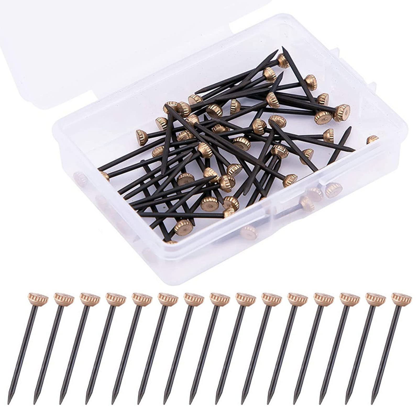 Picture Pins, 60PCS Picture Nails Pins for Hanging Pictures Brass Head Wall Masonry Nails Hook with Plastic Storage Box for Hanging Photo Frame