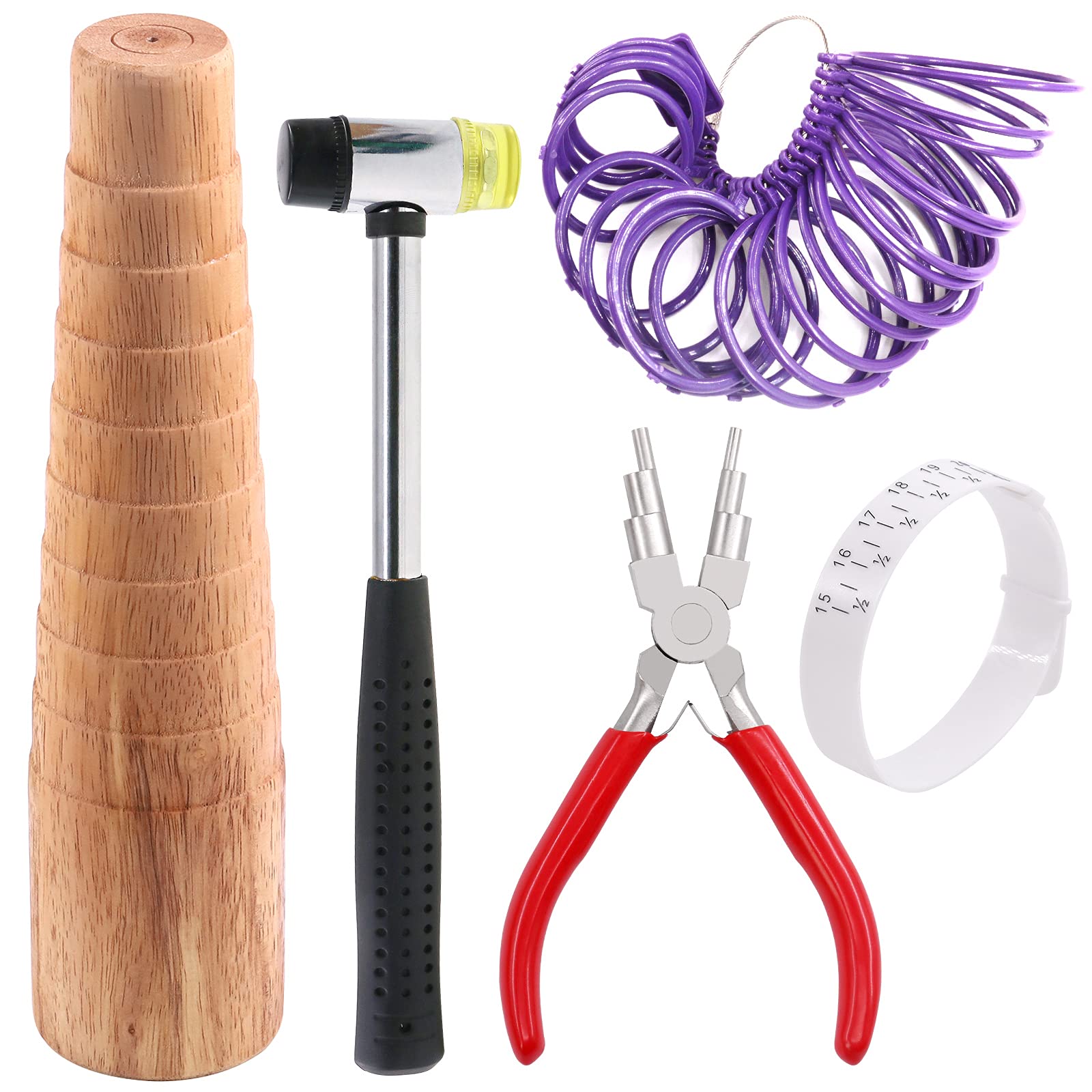 GLARKS 5Pcs Jewelry Tool Sets Including Wooden Bracelet Sizing Bangle Mandrel, Jewelry Hammer, Jewelry Making Plier, Ring Sizer Guage for Jewelry Making Crafts