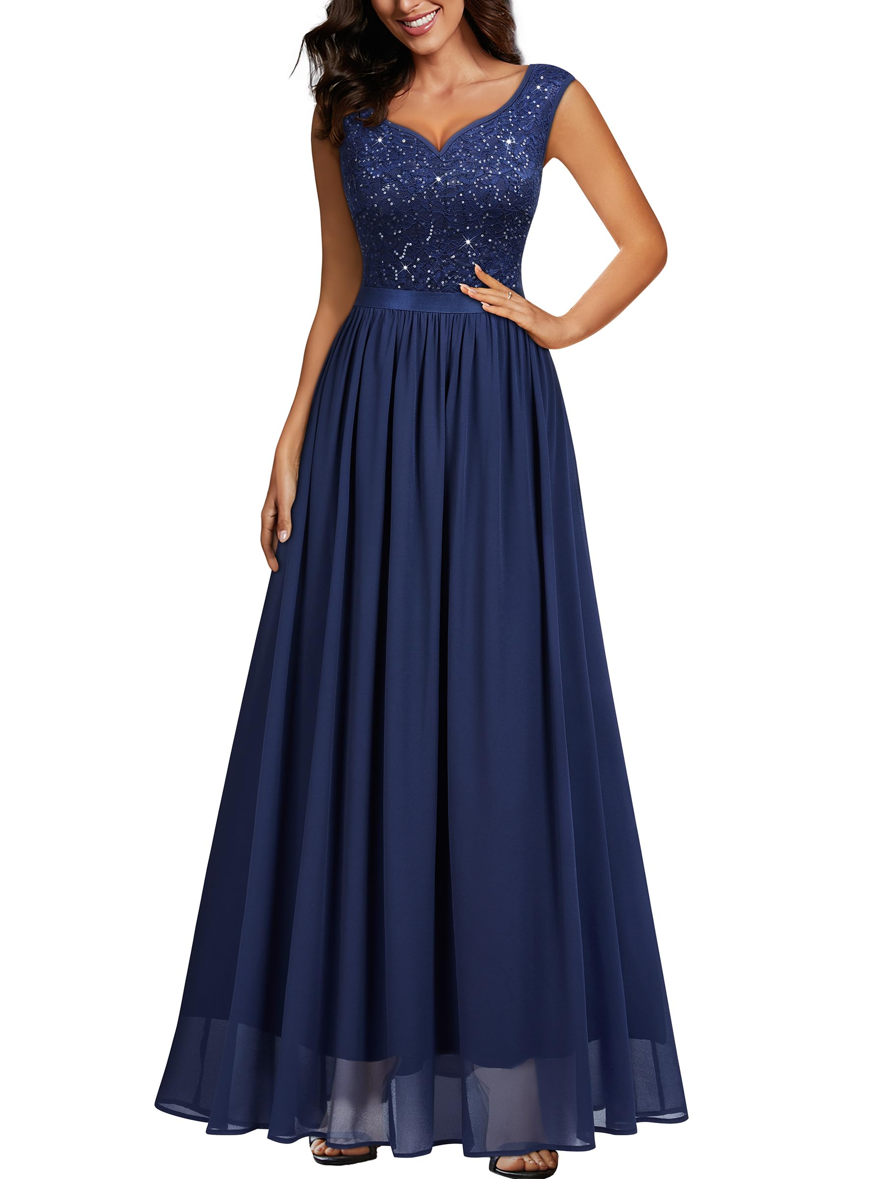 Photo 1 of Miusol Women's Sexy Deep V-Neck Sequin Lace Double Sleeveless Evening Party Maxi Dress (Large, Navy Blue)