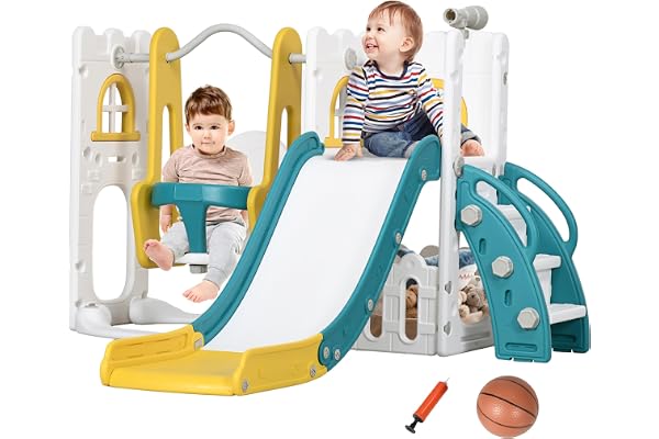 Qaba 6-in-1 Kids Slide and Swing Set with Telescope, Basketball Hoop, Climber, Baby Toddler Swing Set Indoor Playground with