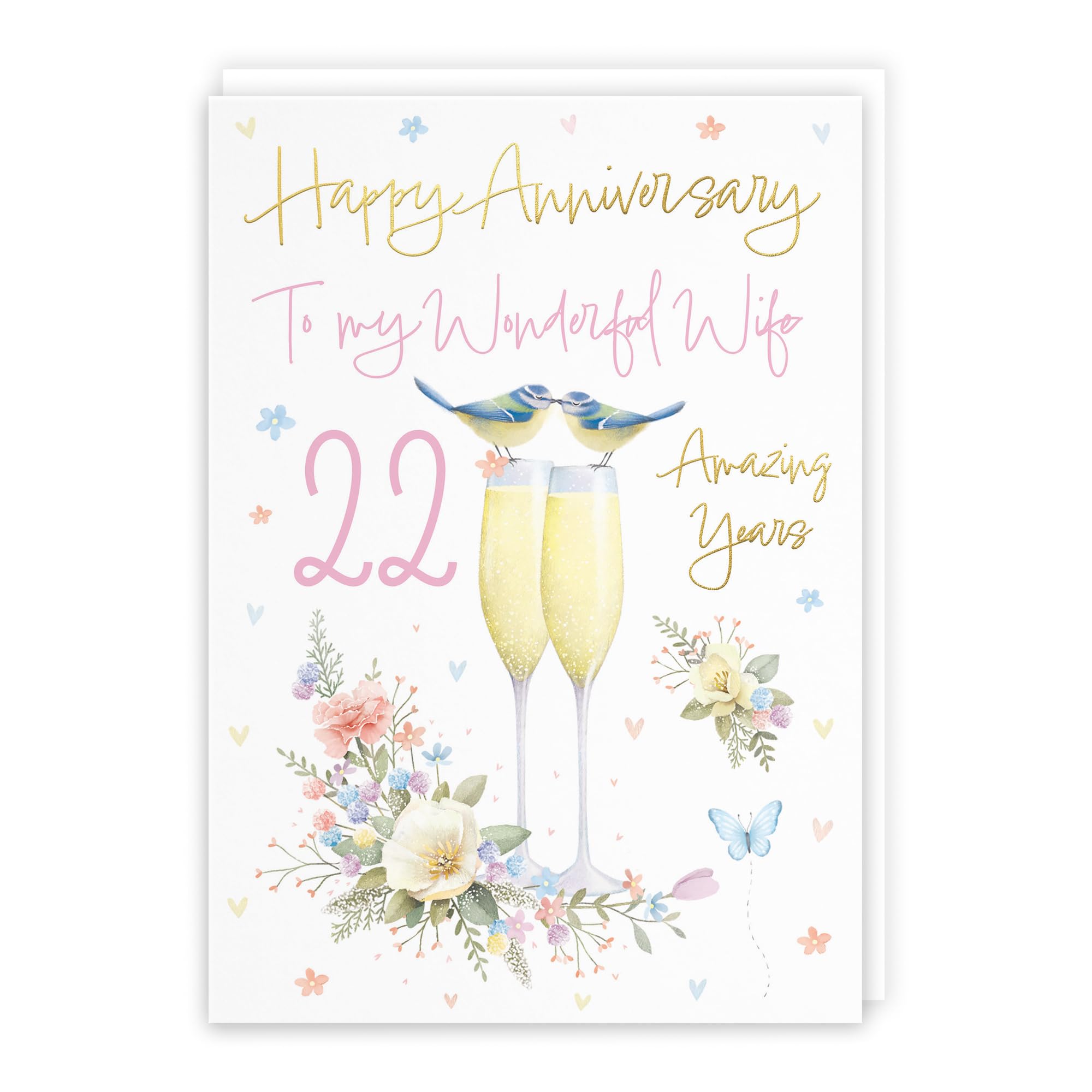 Hunts England - Wife 22nd Anniversary Card - A5 Size - Champagne Flutes - Gold Foil - 22nd Anniversary Card For Wife - 22 Years - 22nd Anniversary - Milo's Gallery