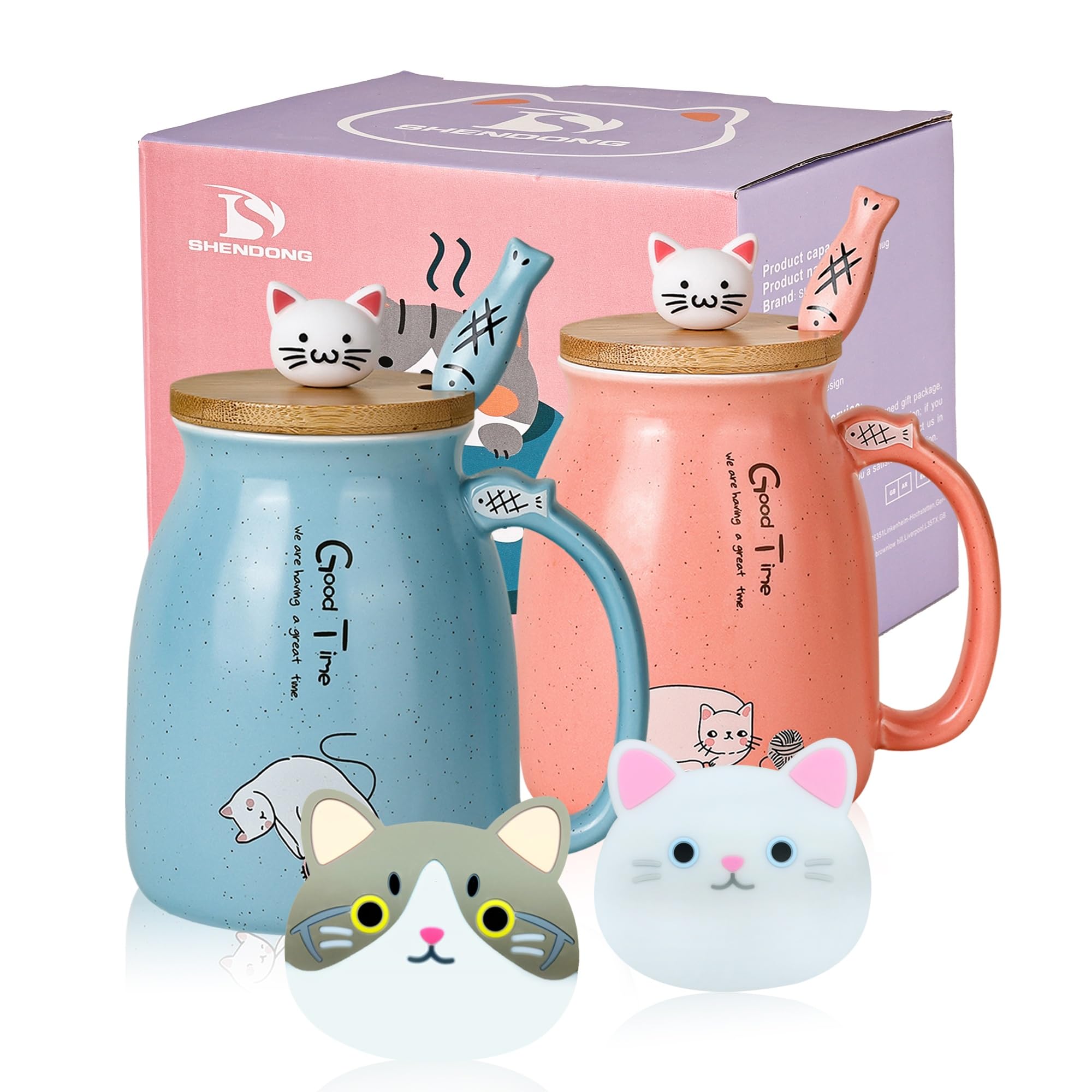 SHENDONG 2 Pack Cat Mugs Cute Ceramic Coffee Cups Set of 2 with Kawaii Bamboo Lid and Spoon Novelty Morning Cup Coffee Milk Tea Mugs - 3D Animal cat Mugs Cat Lovers Gifts(Blue and Red) — image 1