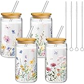 Mumufy 4 Pcs Gift for Women Wild Flower Glass Cup Tumbler Butterfly Iced Coffee Mugs 16 oz Glass with Bamboo Lid & Straw, Christmas Mothers Day Birthday Gift for Mom Sister Bridesmaid Baby Shower