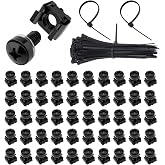CLAHJQX 50 Pack Rack Mount Cage Nuts M6 x 16mm Black Server Rack Screws for Cabinet, Shelves, Routers with Square Nuts Washers Self-Locking Cable Ties