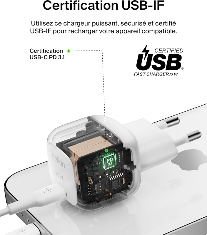 BoostCharge Chargeur Secteur 30W, Compact et Portable, USB-C Power Delivery, pour Tous modèles de l' Apple iPhone 17, Air, 16, 15, Samsung Galaxy, iPad, AirPods, Pixel, tablettes, etc. - Blanc