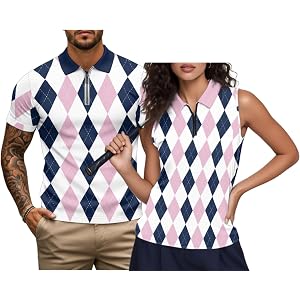 Xumfabuy Matching Golf Shirts for Couples Women's Sleeveless Golf Shirt Zipper Workout Tank Tops Mens Polo Shirt Short Sleeve