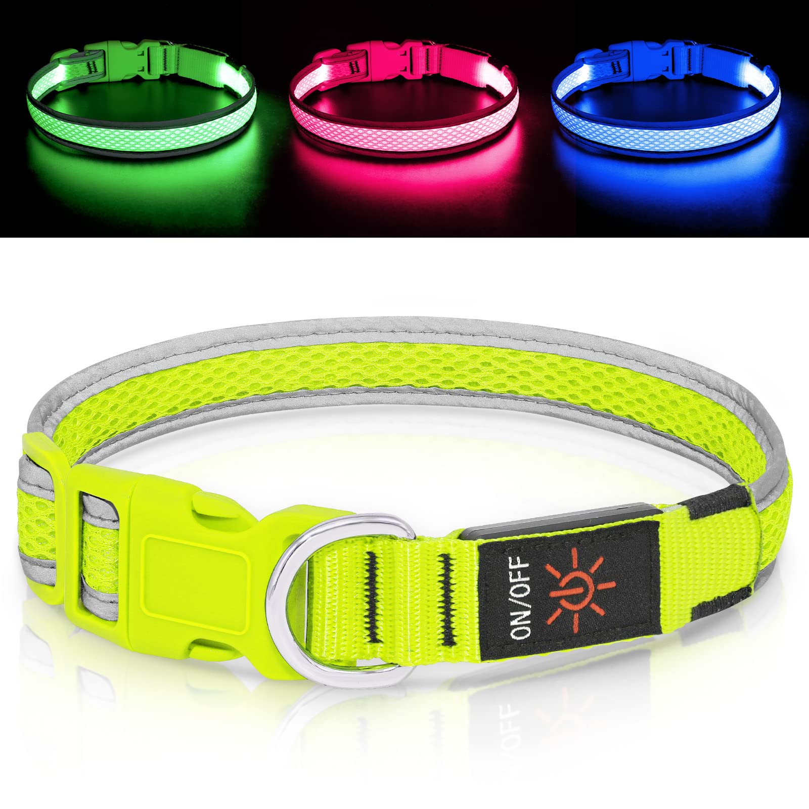 Bpawser LED Dog Collar light Up Dog Collars USB Rechargeable Adjustable Size MESH Webbing Glow Safety Basic Dog Collars for Large Medium Dogs(L, Green)