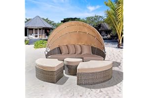 Incbruce Outdoor Daybed with Retractable Canopy, All-Weather Wicker Sectional Furniture Patio Round Daybed for Backyard Pool (Brown)