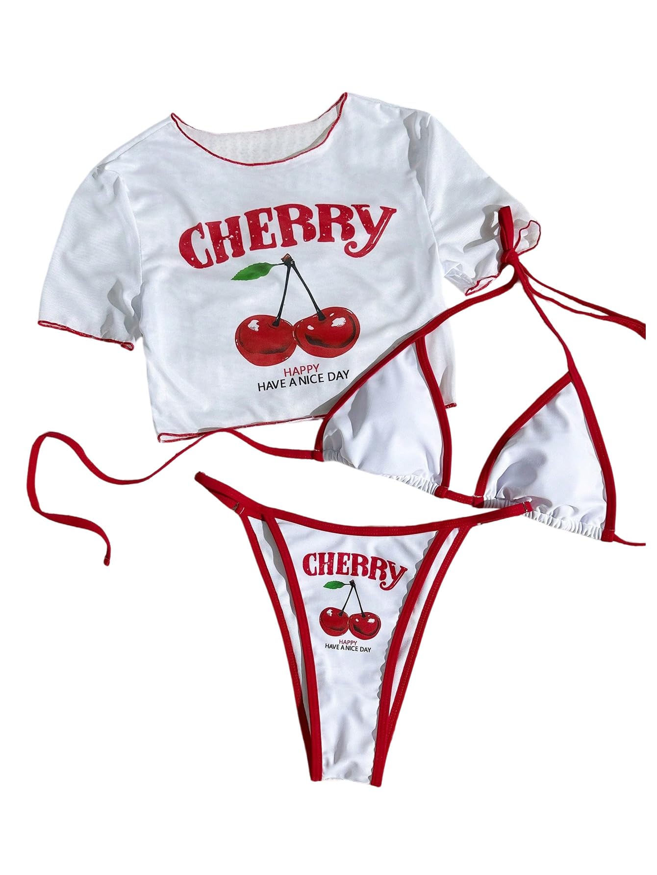 Photo 1 of Verdusa Women's 3 Piece Cheeky Halter Bikini Set Tie Back String Swimsuit with Cover Up Tops Cherry Red Medium