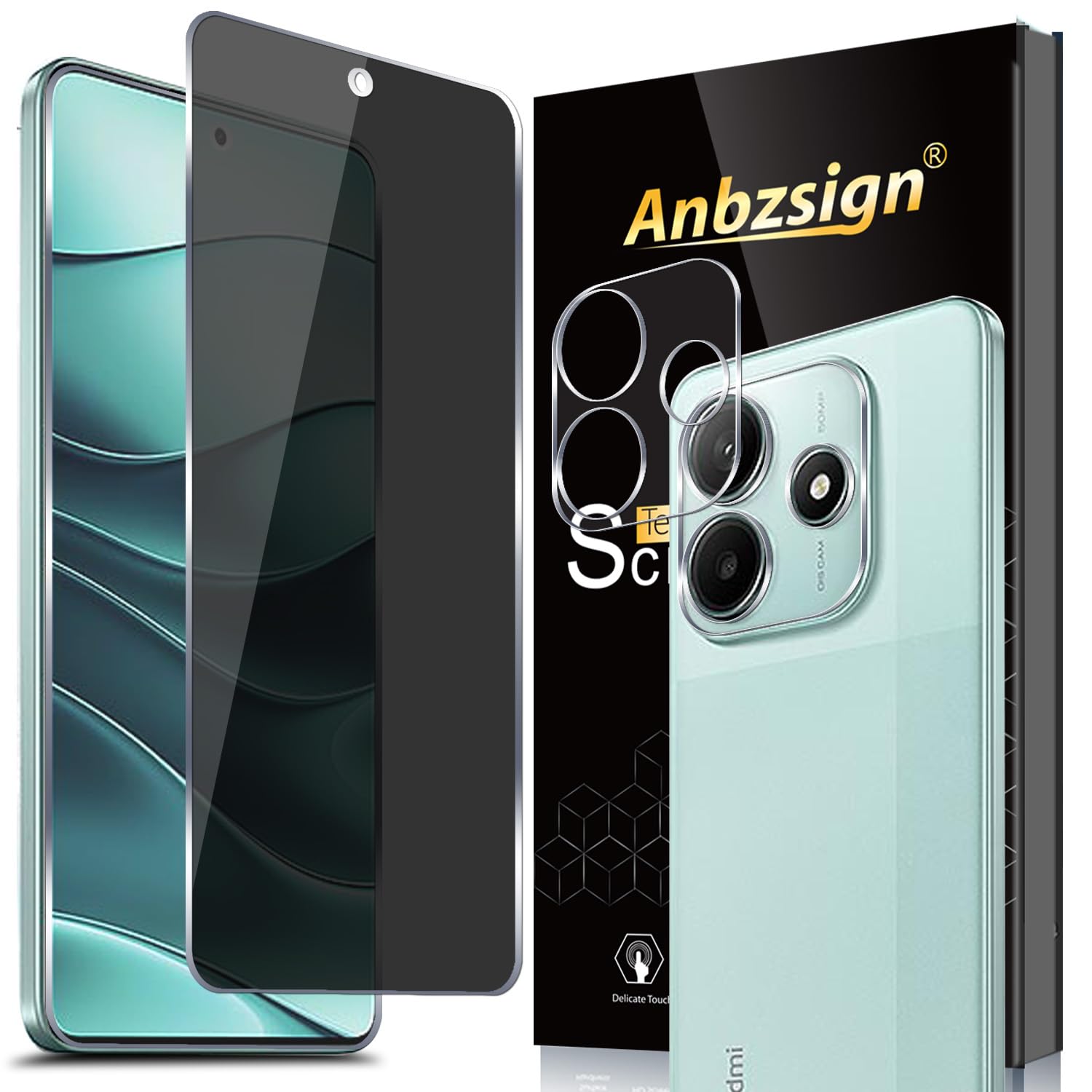 Photo 1 of Anbzsign 2+2 Pack for Xiaomi Redmi Note 14 5G Privacy Tempered Glass Screen Protector and Camera Lens Protector, Anti-Spy 9H Hardness Case Friendly Film for Redmi Note 14 5G