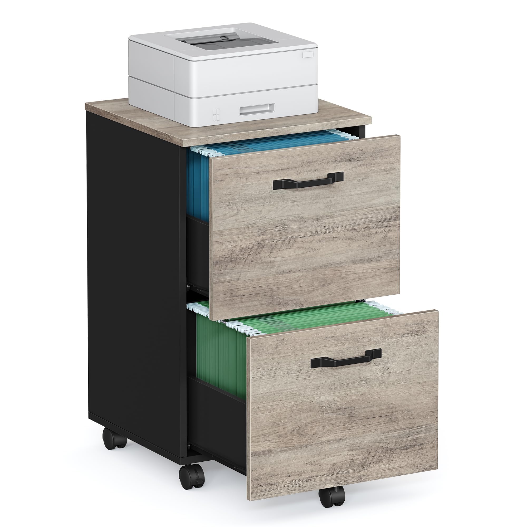 VASAGLE 2-Drawer File Cabinet, Filing Cabinet for Home Office, Small Rolling File Cabinet, Printer Stand, for A4, Letter-Size Files, Hanging File Folders, Industrial, Greige and Black UOFC040B02