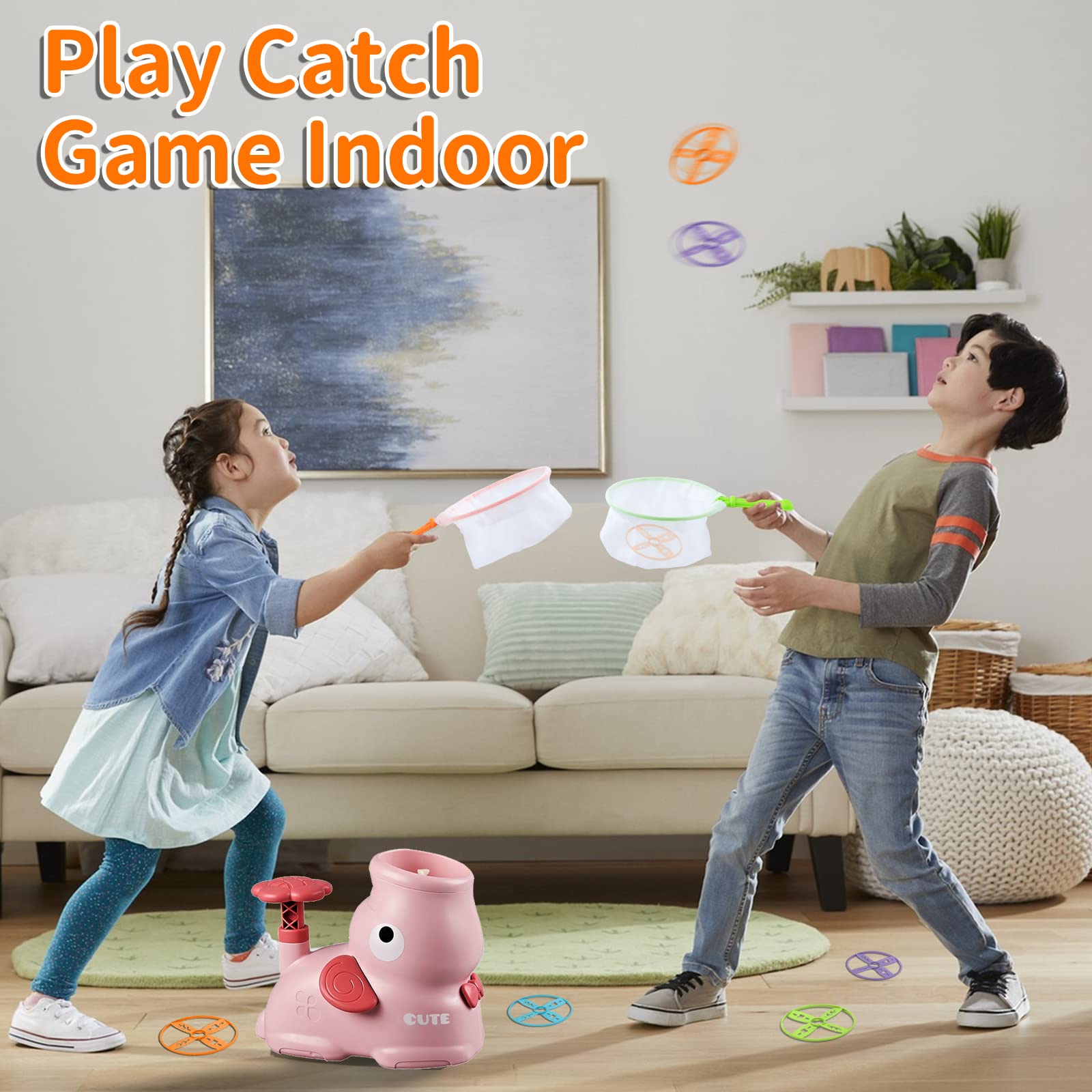 Outdoor Toys for Kids Ages 4-8, Flying Disc Launcher with 8 Discs and 2 Net Pockets - Perfect for Birthdays, Christmas, New Year (Pink)