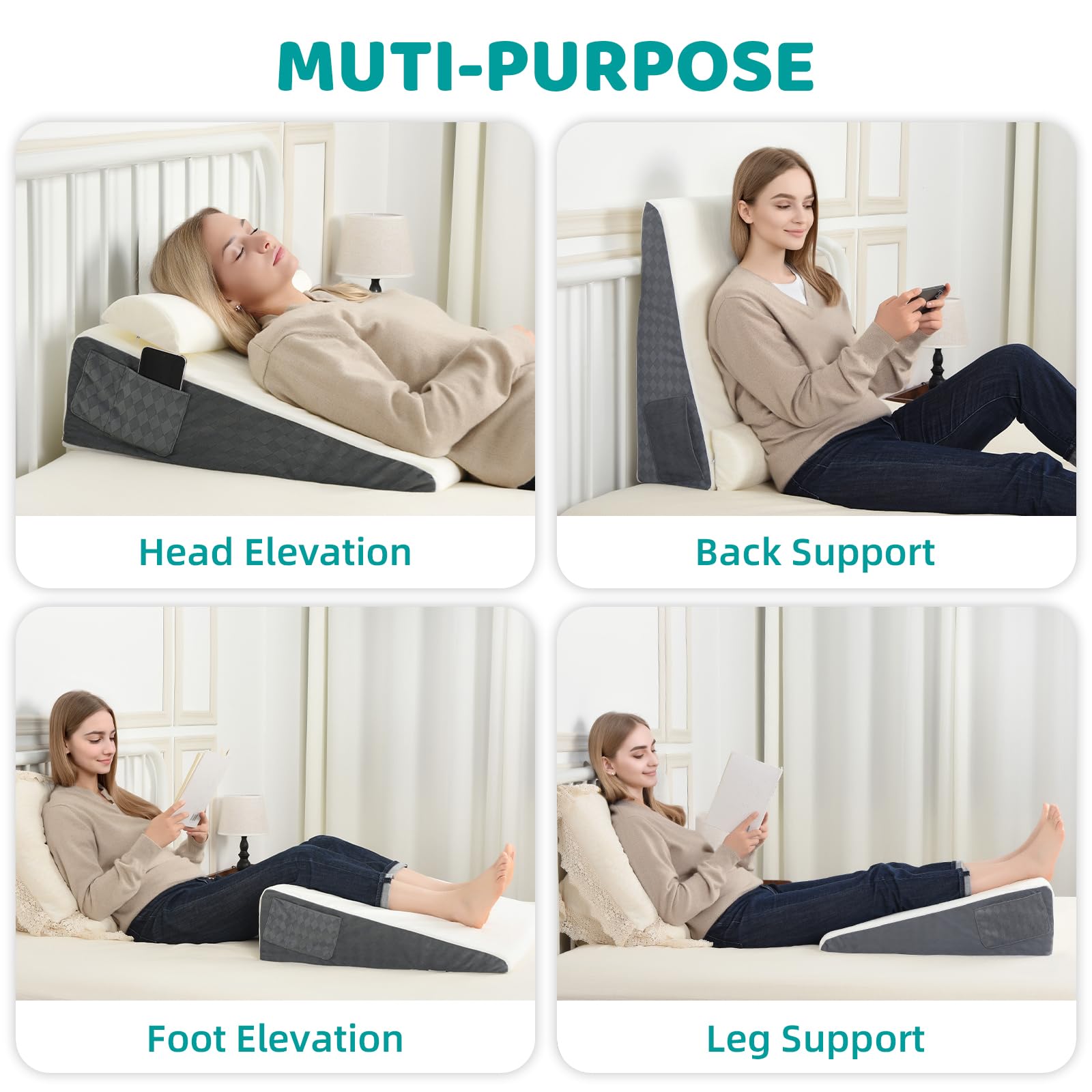 Memeluckon Bed Wedge Pillow for Sleep Apnea, 22''x22''x7'' Triangle Wedge Pillow with Neck Pillow for Sleeping, Acid Reflux, Back Pain Relief, Post Surgery, GERD, Bed Wedge Pillow for Sleep Apnea