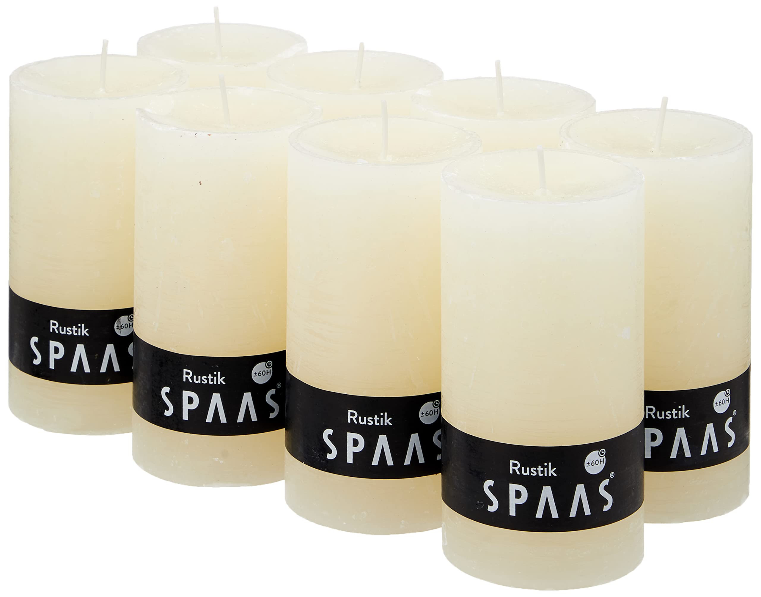 Spaas 8 Rustic Unscented Pillar Candles 70/130 mm, ± 60 Hours, Ivory