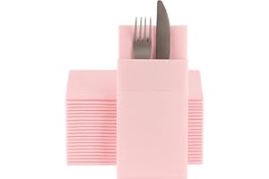 Baby Pink Dinner Napkins Cloth Like with Built-in Flatware Pocket, Linen-Feel Absorbent Disposable Paper Hand Napkins for Kit