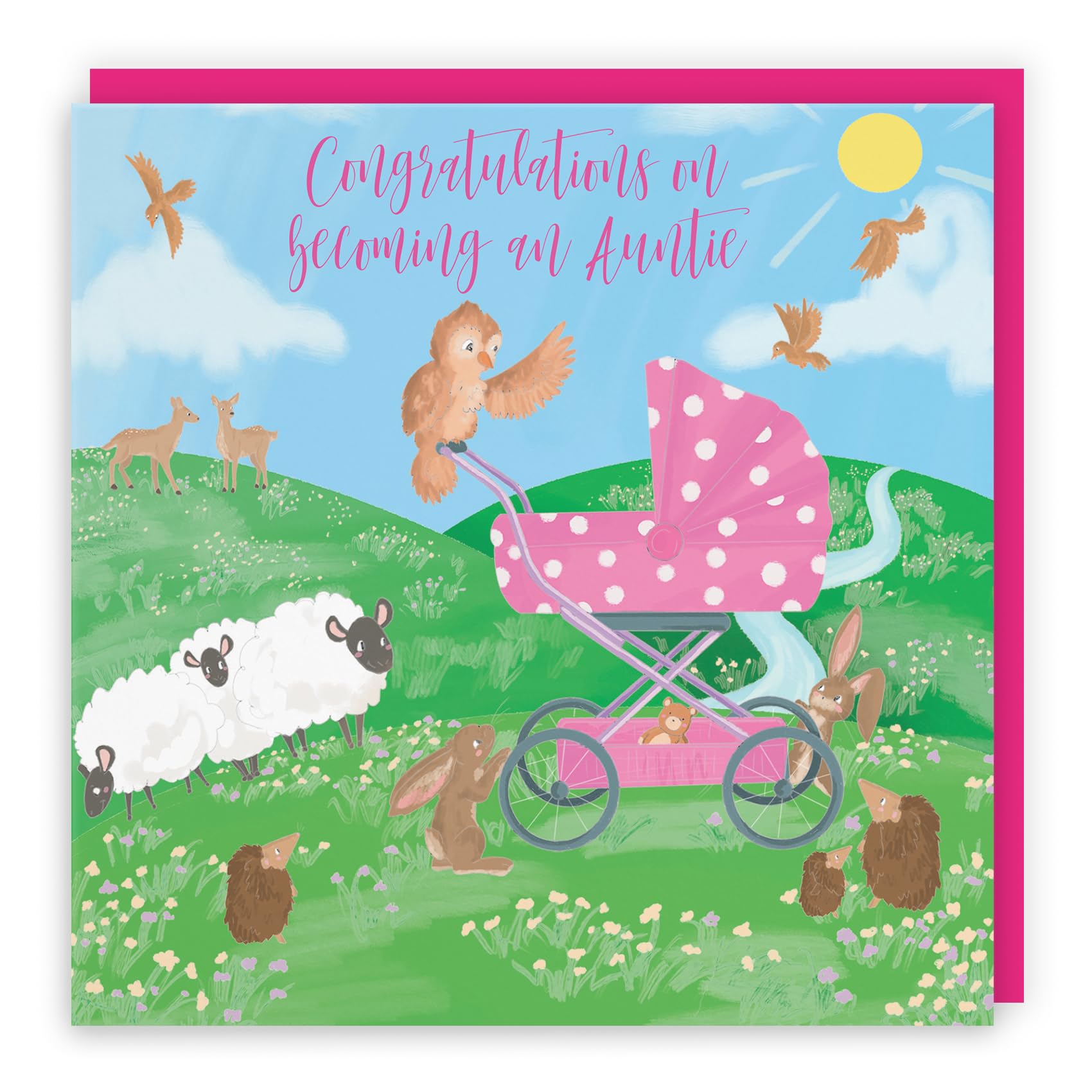 Hunts England - New Auntie Congratulations Cute New Baby Card - Congratulations On Becoming An Auntie - Newborn - Pink Pram - Countryside Collection