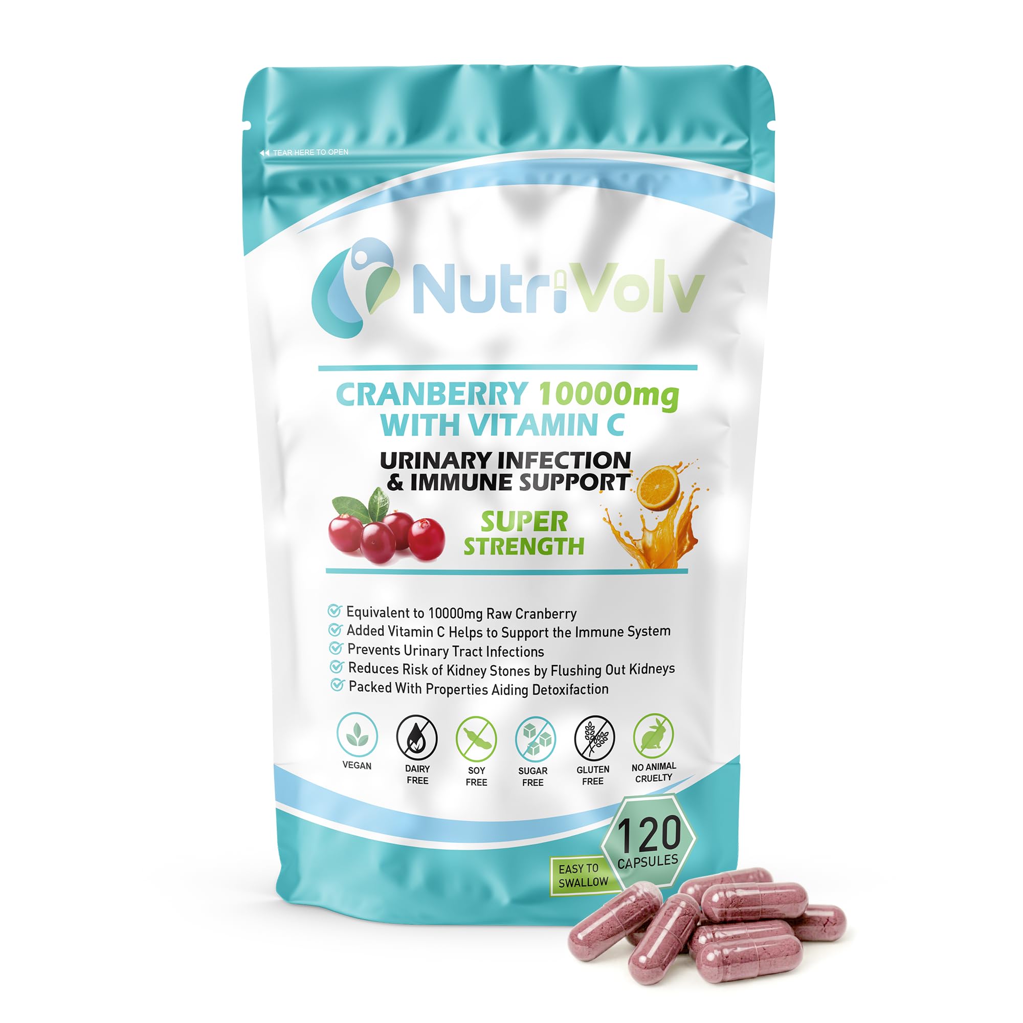 Nutrivolv Cranberry 10000mg & Vitamin C | Supports Urinary Health, Cystitis Treatment & Bladder Health | High Strength Cranberry Extract with Vitamin C for Immune Support | 120 Capsules
