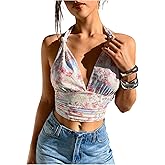 WDIRARA Women's Floral Twist Halter Tops Ruched Sleeveless Tie Backless Tank Crop Top