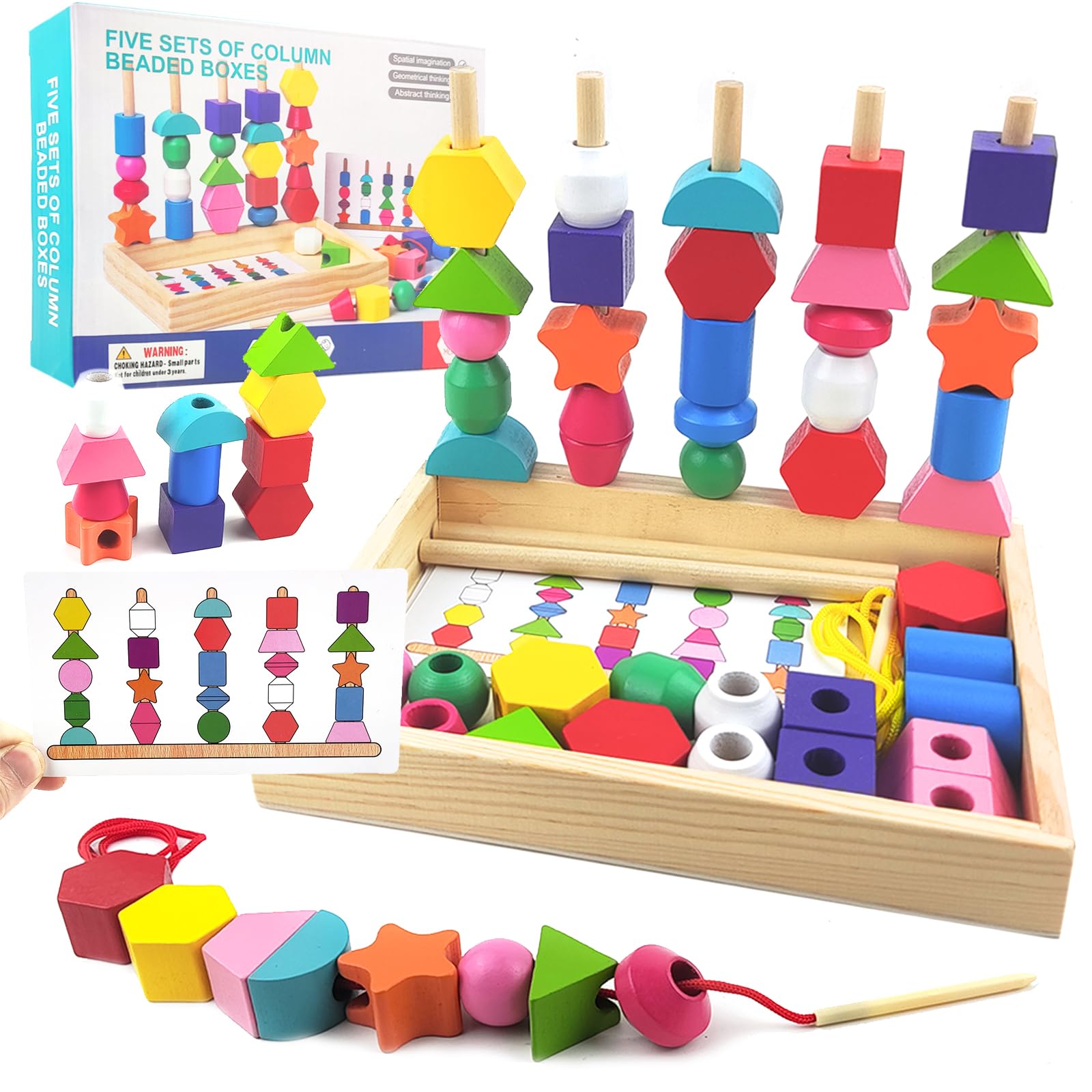 Guopai Threading Toys for 2 3 4 5 Year Olds, Montessori Fine Motor Skills Games, Wooden Lacing Beads & Stacking Blocks, Educational Learning Toy for Toddlers, Travel game with Storage And Cards