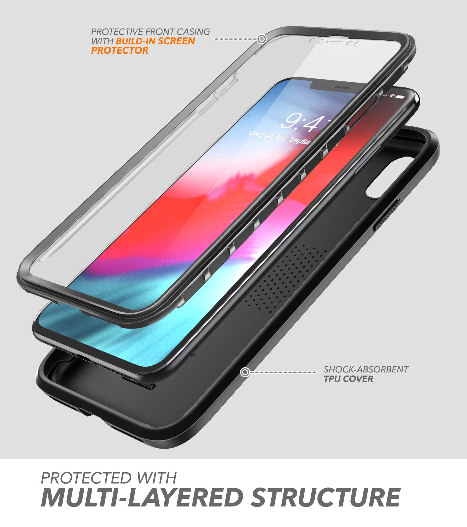 iPhone XR Case, Clayco [Xenon] Full-Body Rugged Case with Built-in Screen Protector for Apple iPhone XR 6.1 Inch 2018 (Black)