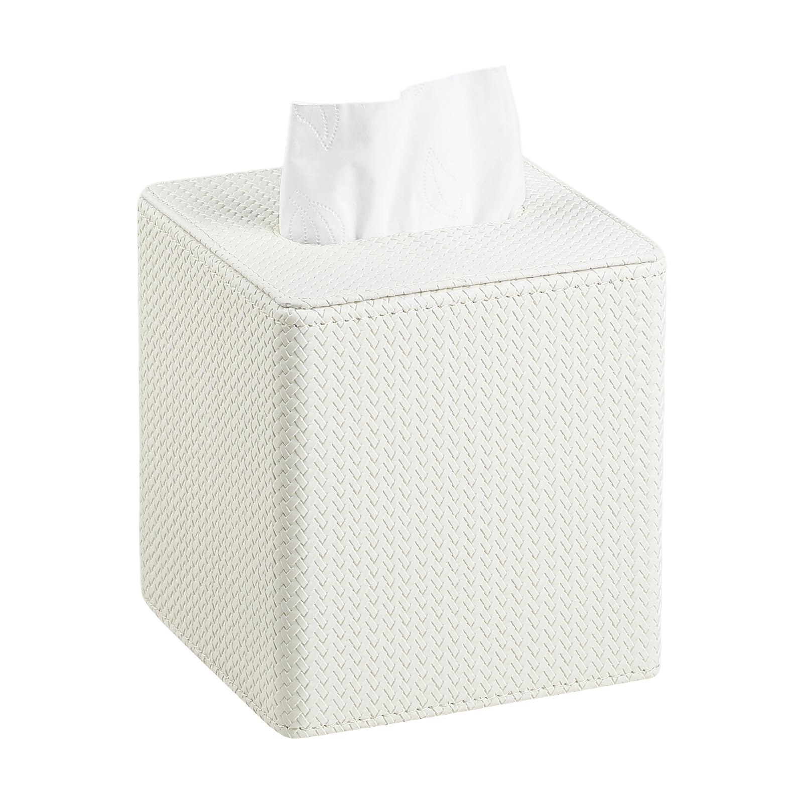 Cretkhp PU Leather Tissue Box Cover, Square Woven Tissue Box Holder with Magnetic Closure for Bathroom Vanity Countertop, Modern Cube Tissue Holder for Night Stands Bedrooms Office