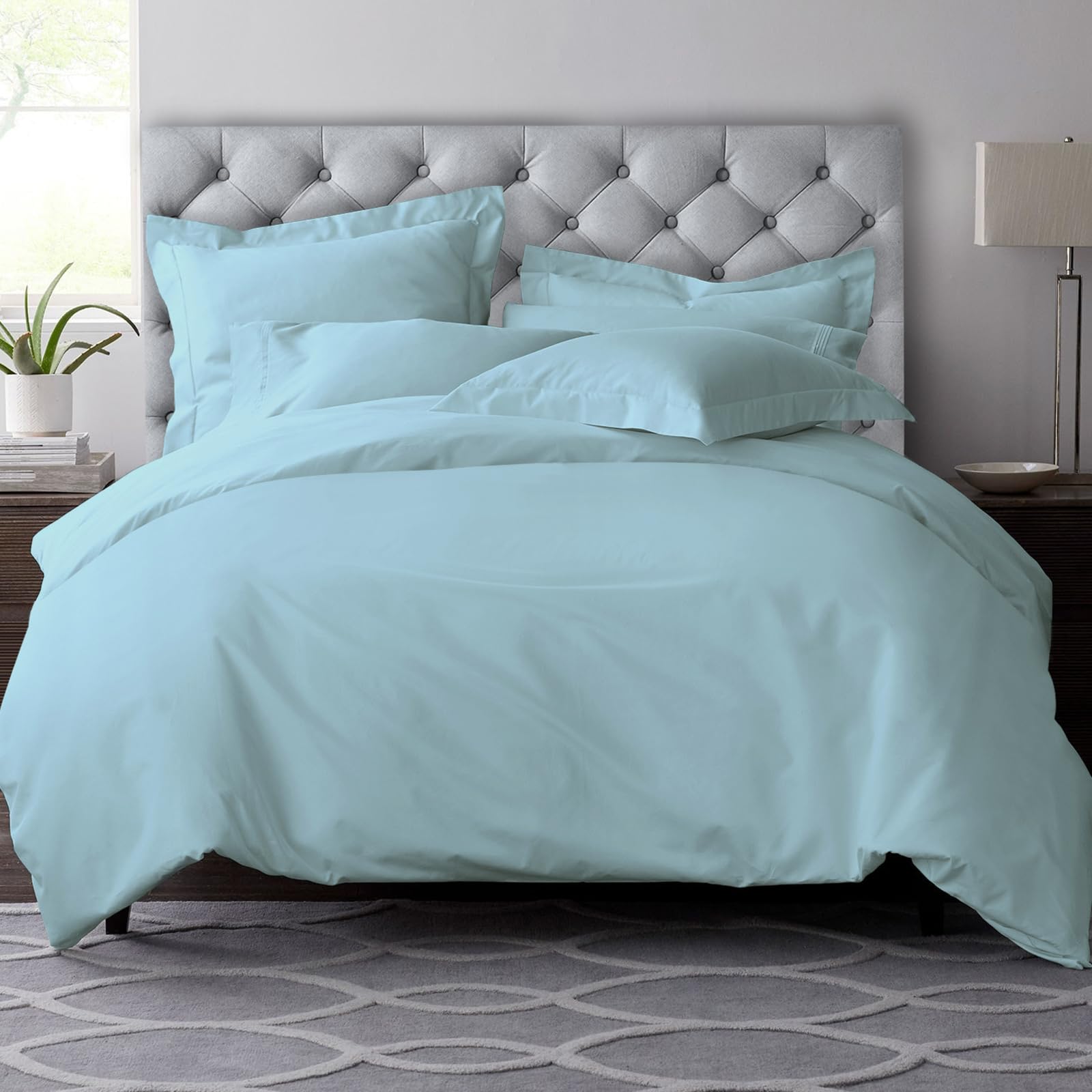Pizuna Pure Combed Cotton Super King Duvet Cover Set Baby Blue, 600 Thread Count 100% Long Staple Cotton Superking Duvet Cover 260x220cm, Sateen Quilt Cover with Button Closure (Bedding Duvet Sets)