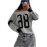 MakeMeChic Women's Off The Shoulder Jersey Sweater Letter Print Long Sleeve Y2k Pullover Tops