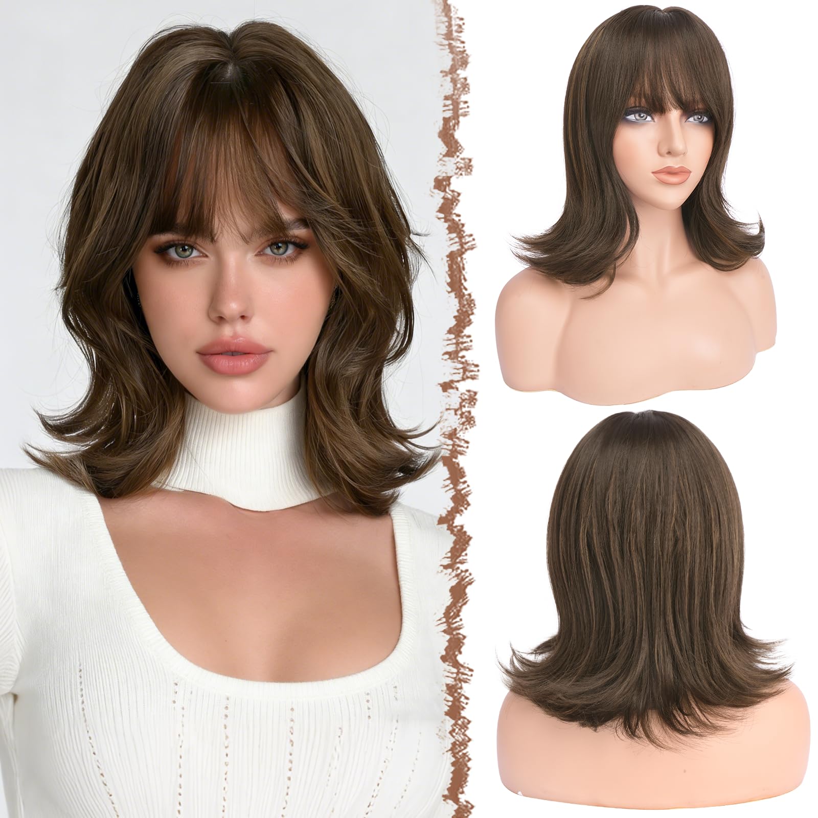 Photo 1 of FESHFEN Shoulder Length Bob Wigs with Bangs for Women - Brown with Highlights Natural Layered Wavy Synthetic Wig For Daily Party Costume Use 14 Inch