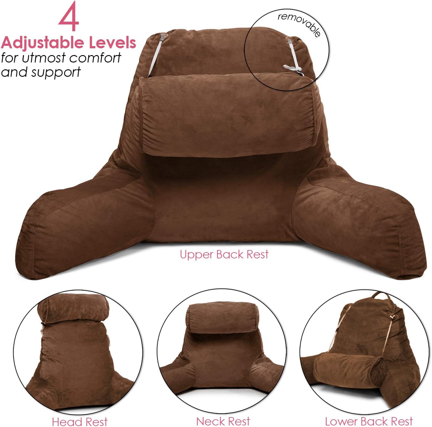 Clara Clark Bed Rest Reading Pillow with Arms and Pockets Premium Shredded Memory Foam, Detachable Neck Roll & Lumbar Support, Large, Brown: Home & Kitchen