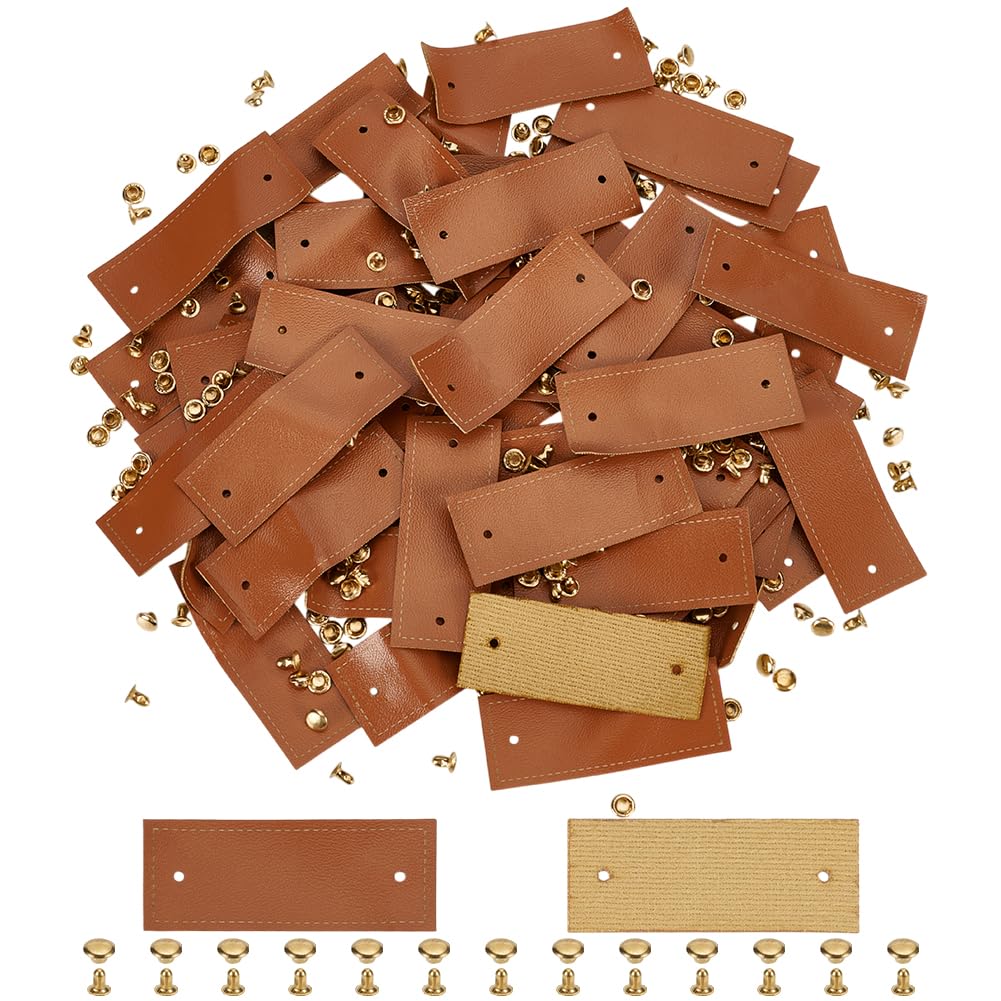 FINGERINSPIRE 50 Sets PU Leather Blank Tags 2x5cm Chocolate Color Rectangle Blank Leather Labels with Rivets Handmade Leather Label Embellishment Crochet Tags for Clothing Hat Scarves DIY