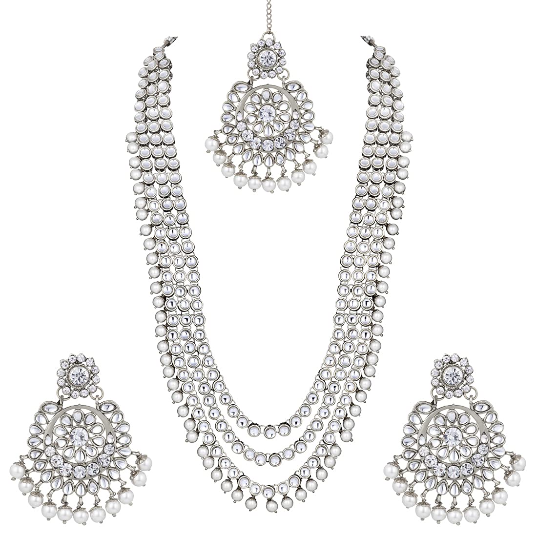 Aheli Indian Ethnic Wedding Faux Kundan Beaded Bridal Long Necklace Earrings with Maang Tikka Traditional Jewellery Set for Women