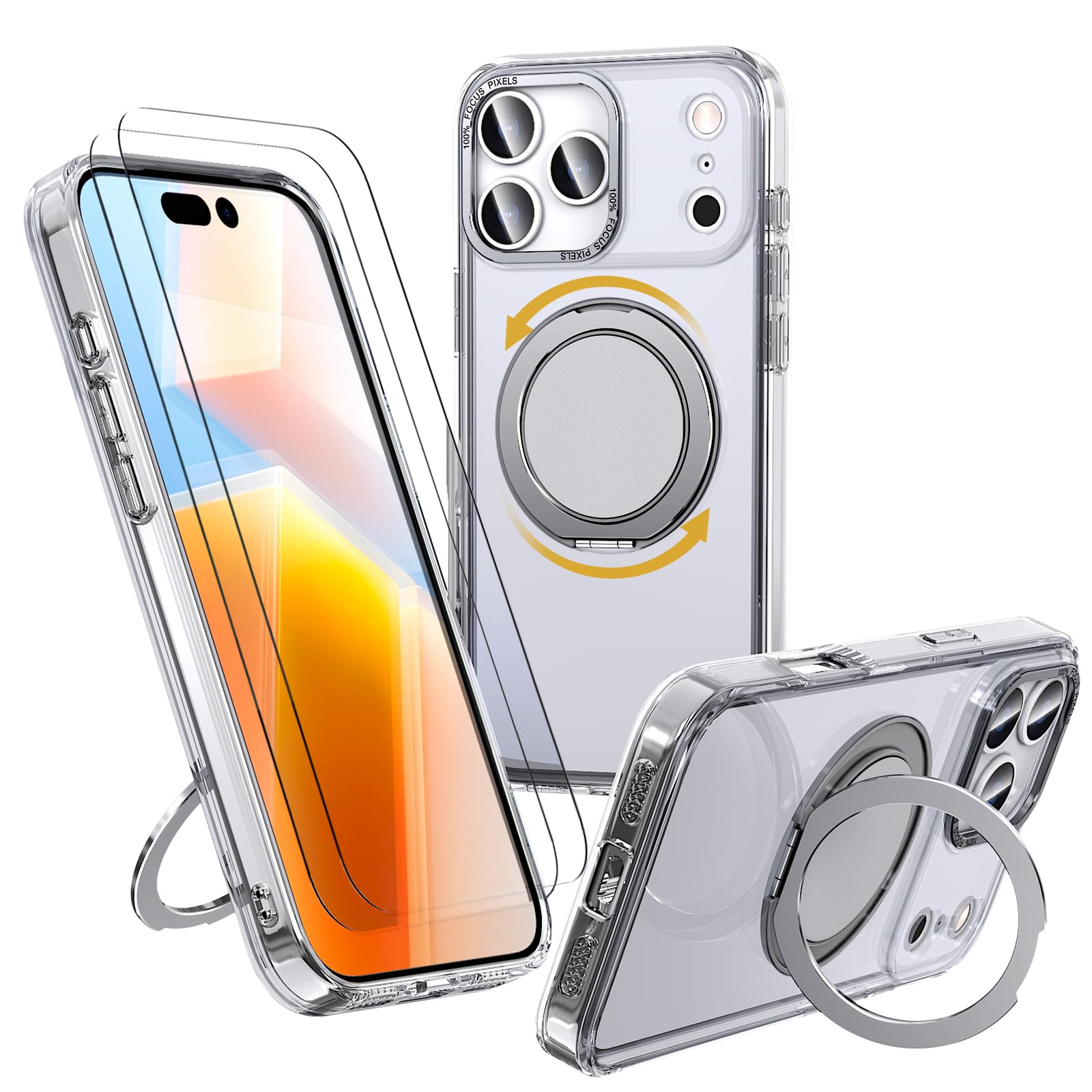 Photo 1 of HCXLYP for iPhone 17 Pro Max Case, with 2 Tempered Glass Film, 360 Spin Magnetic Stand, Compatible with Magsafe, Military-Grade Drop Protection Case, Clear