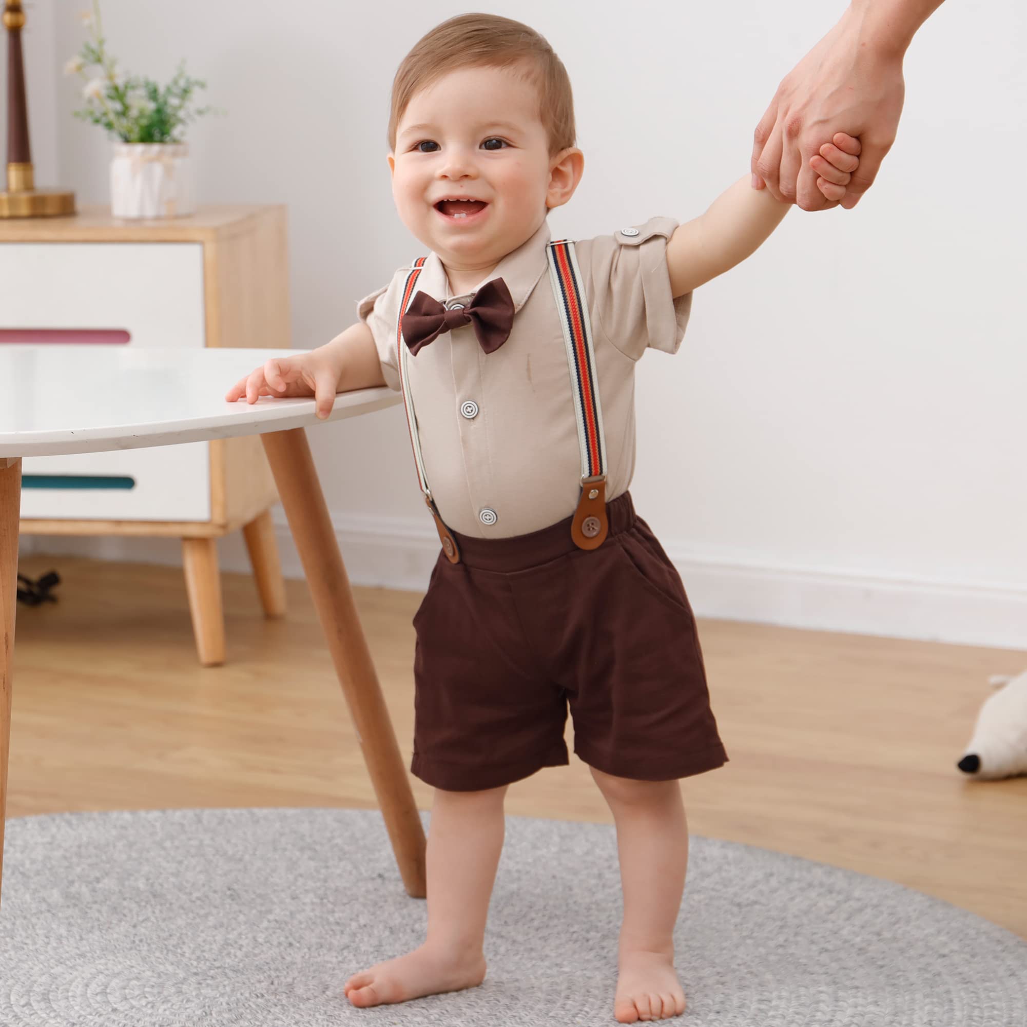 DISAUR Baby Boy Clothes Suits,Infant Gentleman Outfits Short Sleeves Romper +BowTie + Suspender Pants Wedding Set 0-18 Months
