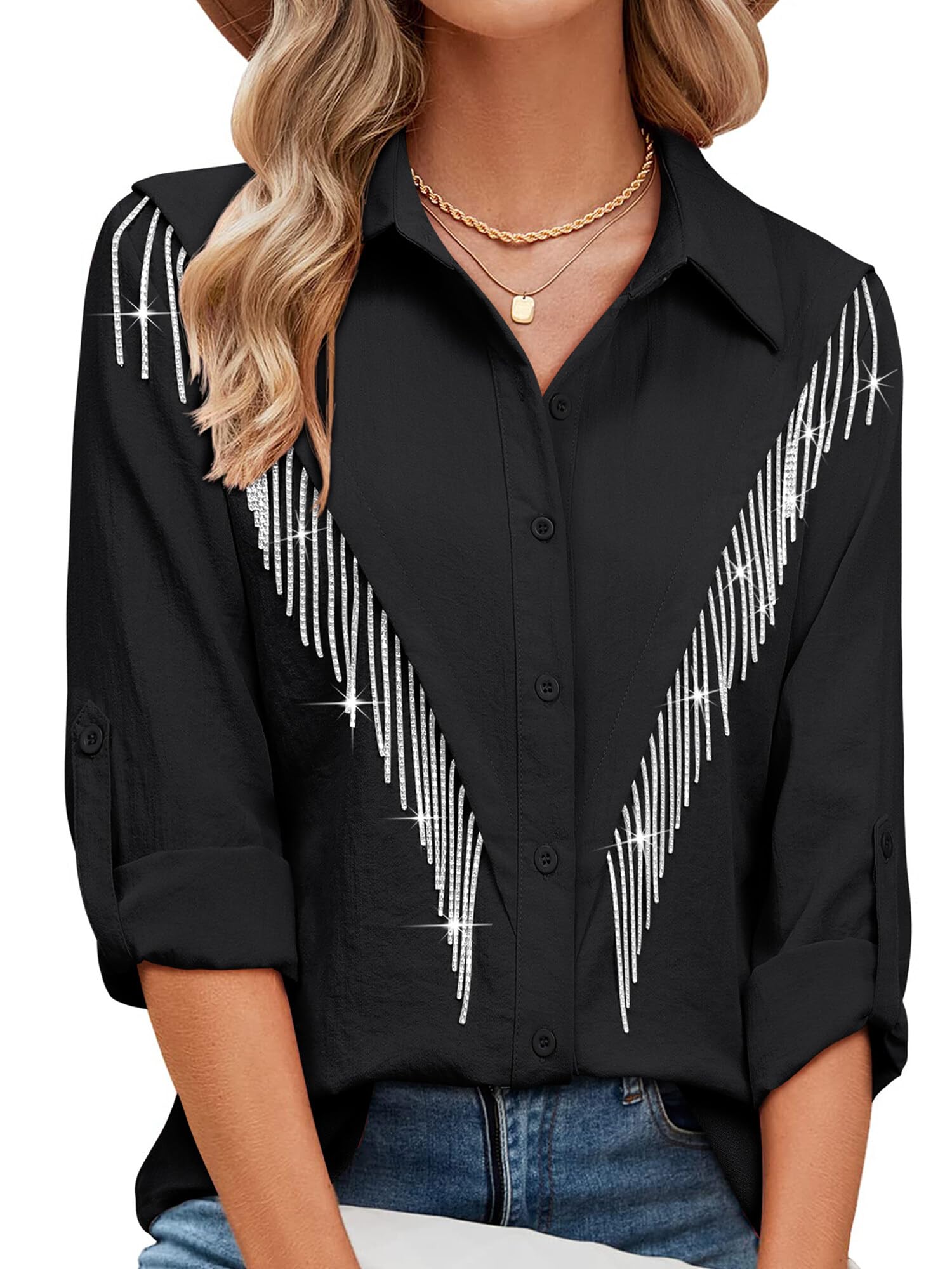 Photo 1 of MYMORE Womens Rhinestone Fringe Shirts Top Country Concert Outfit Sparkle 3/4 Length Sleeve Button Up Shirt Nashville Western Wear Disco Cowgirl Outfits Clothing Black L