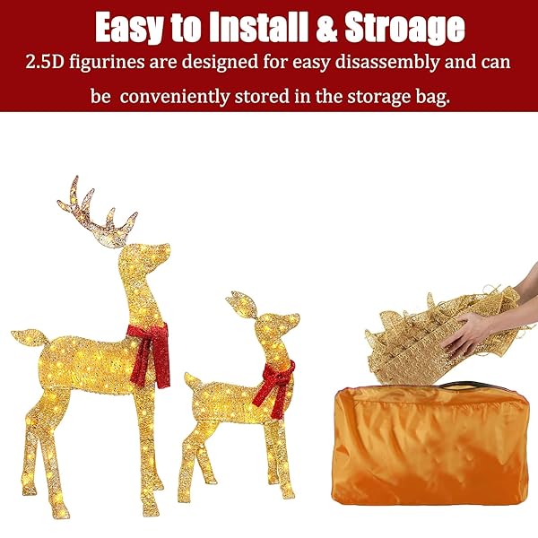 2025 NEW 4FT 2.5D LIGHTED CHRISTMAS DEER FAMILY SET, 48INCH 3-PIECE CHRISTMAS DECORATION OUTDOOR LIGHTED REINEER WITH 145 LED LIGHTS, PLUG FOR HOLIDAY FRONT YARD/PORCH/INDOOR DECOR- GOLD