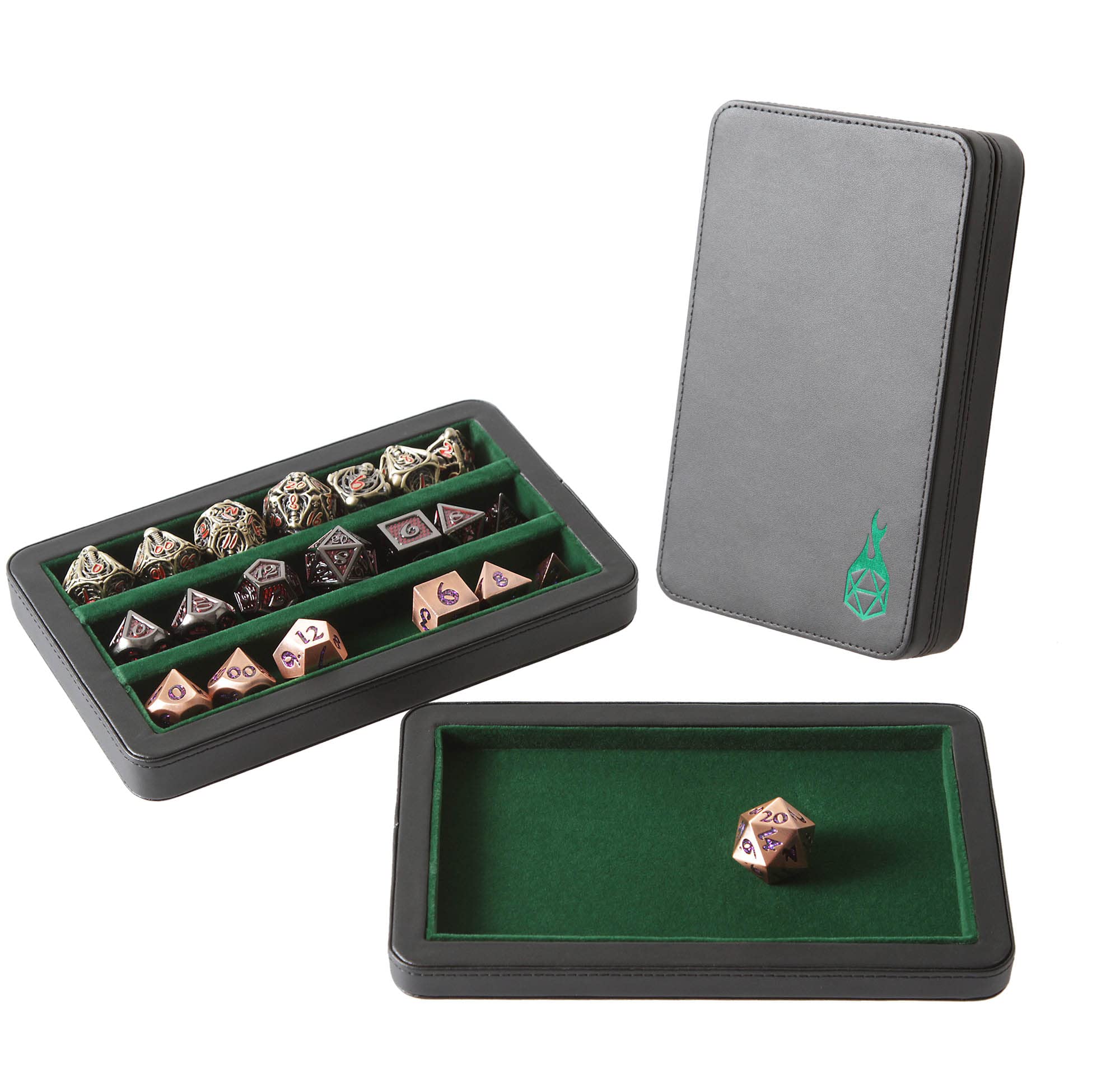 Photo 1 of Forged Dice Co. Premium 3-Row Dice Case - Combination Dice Box and Dice Tray - Protects Polyhedral Dice Sets - Felt-Lined Storage Rows - Magnetic Lid Closure - Perfect Metal Dice Storage Box - Green