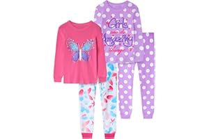 Vopawetty Girls 4-Piece Pajamas Cotton Christmas Pjs Set Kids Sleepwear