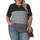 VISLILY Womens-Plus-Size-Summer-Tops Trendy Color Block T Shirts Casual Crewneck Cute Short Sleeve Blouses Tunics Tees XL-5XL