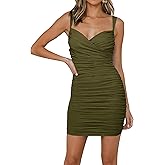 MASCOMODA Women's Summer Spaghetti Strap Ruched Mini Bodycon Dress 2024 Short Sexy V Neck Wedding Guest Club Cocktail Dress