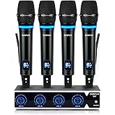 ZERFUN Pro Rechargeable Wireless Microphone System 4 Channel, UHF Metal Handheld Wireless Microphones Cordless Mics with VOL Control, 4x50 Adjustable Frequency for Karaoke Singing Church(G8)