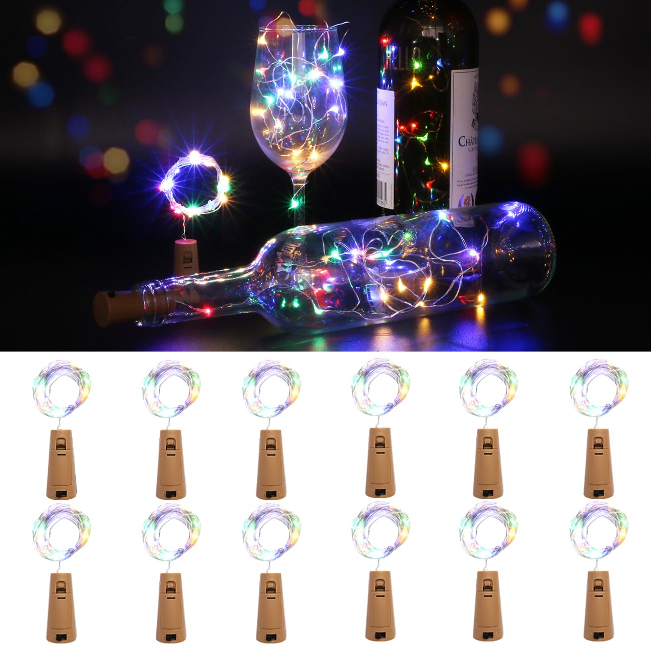 Kolpop Bottle Lights 12 Packs, 2m 20 LED Cork Light Battery Operated for Wine Bottles, Multi Coloured Fairy String Lighting Indoor for Jars Table Craft Christmas Party Decoration