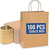 SNH Packing 100 Pcs 10x5x13 Inch Kraft Paper Gift Bags with Handles Brown Grocery Bag Large Size Ideal bags for small business, Party Favor, Bulk Retail & Shopping Bag