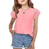 Arshiner Girls T Shirts Lace Petal Short Sleeves Kids Crewneck Casual Blouse Summer Tops Tees