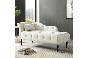 KIVENJAJA Velvet Chaise Lounge Indoor, 60” Tufted Upholstered Lounge Chair with Pillow & Left Rolled Arm Nailhead Trim for Bedroom Living Room Office, White