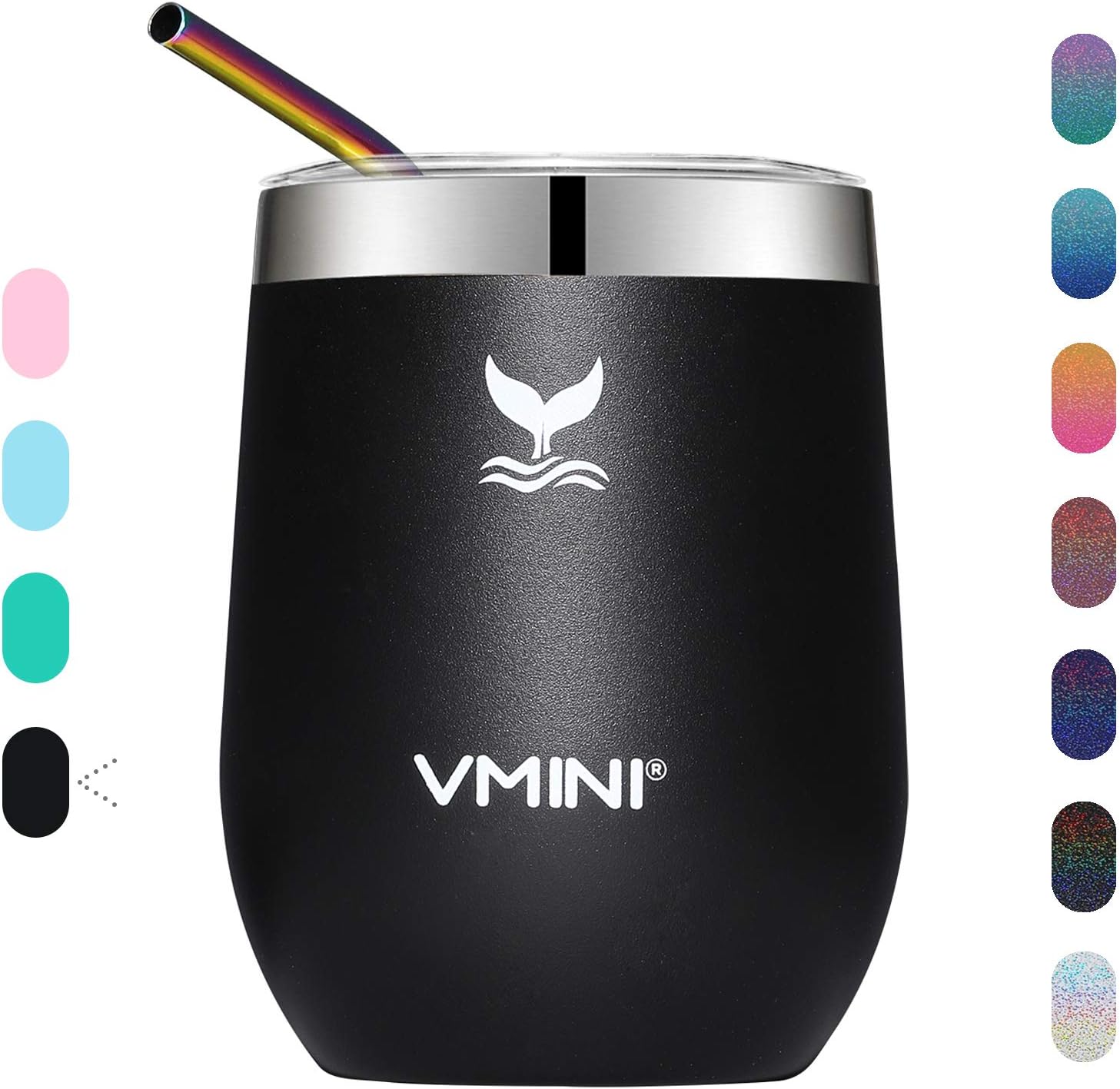 Vmini Wine Tumbler with Lid - Wine Glass, Travel Mug, Stemless Coffee Cup, Vacuum Insulated Stainless Steel, 12 oz Drinkware for Champagne/Whiskey/Cocktail/Beer (Black)