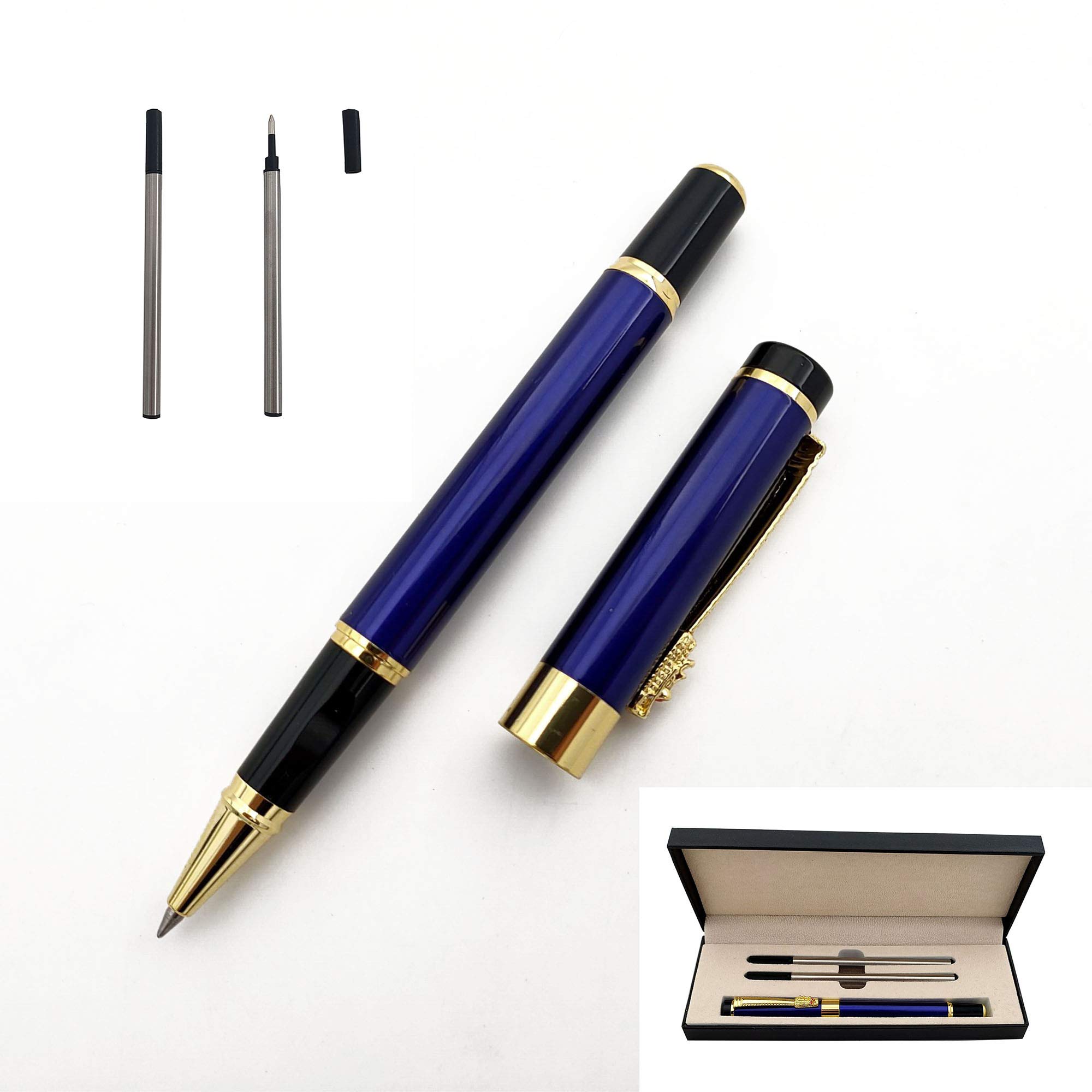 Accod Classic Business Metal Ballpoint Pen Signature Pen Rollerball Gel Pen High-end Gift Box with Two Replaceable Refills for Office Family and Business Partners (Blue)