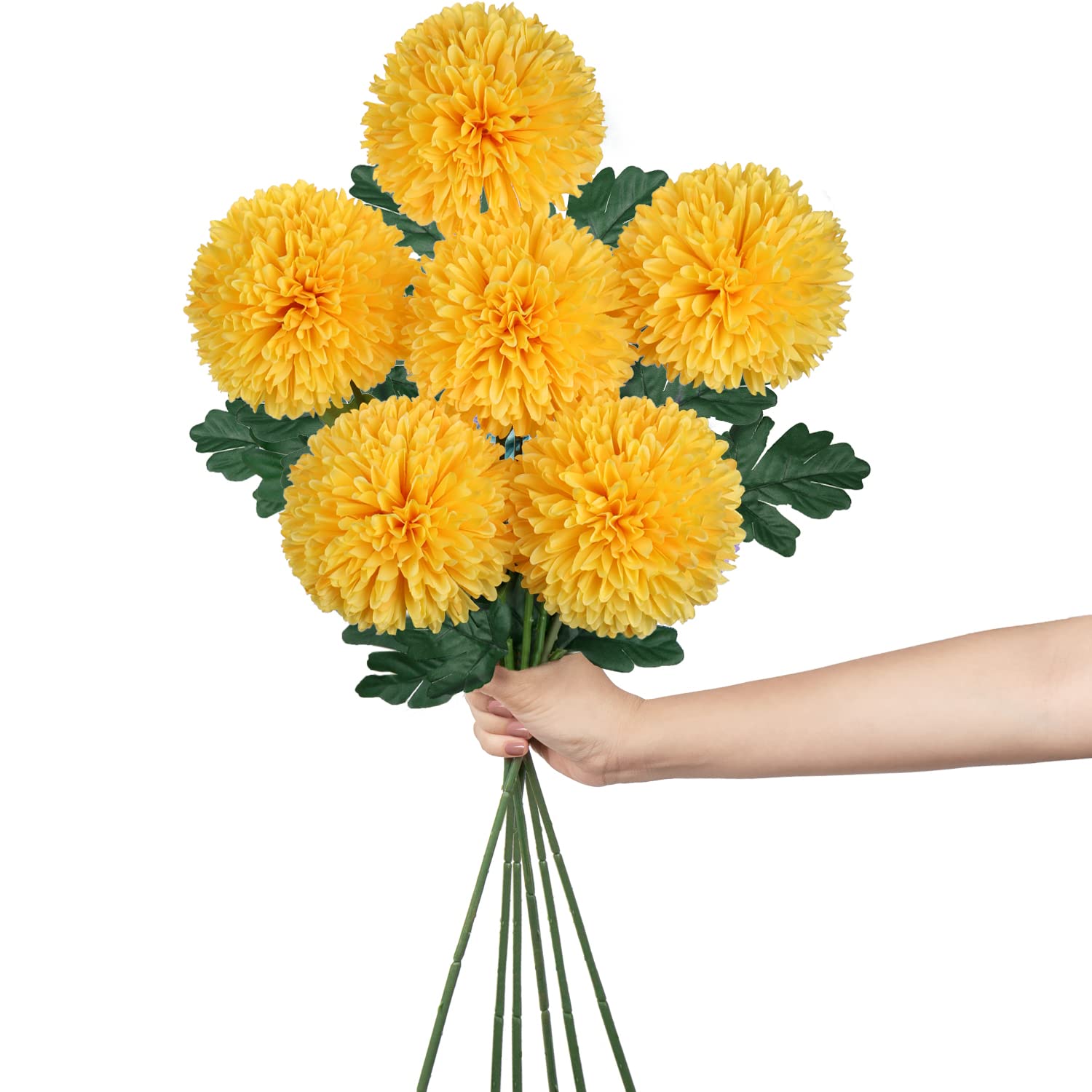 Hollyone 4'' Large Artificial Chrysanthemum Flowers with 24.7'' Long Stem, 6 pcs Yellow Fake Silk Flowers Faux Ball Flower for Home Decor, Bridal, Wedding, Party, Garden, Floral Arrangement — image 1